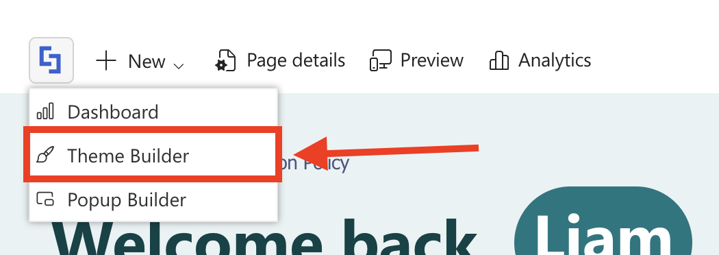 Selecting Theme Builder from the ShortPoint quick menu dropdown
