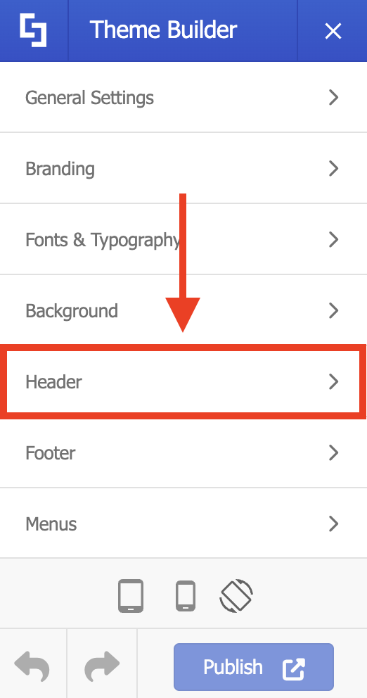 Navigating to Header settings in Theme Builder to access Logo options