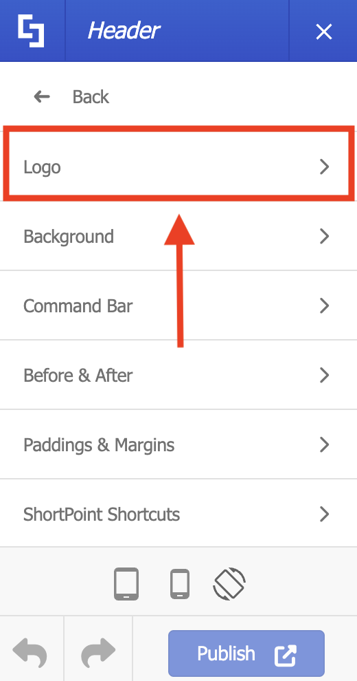 Selecting the Logo menu item within the Header settings menu