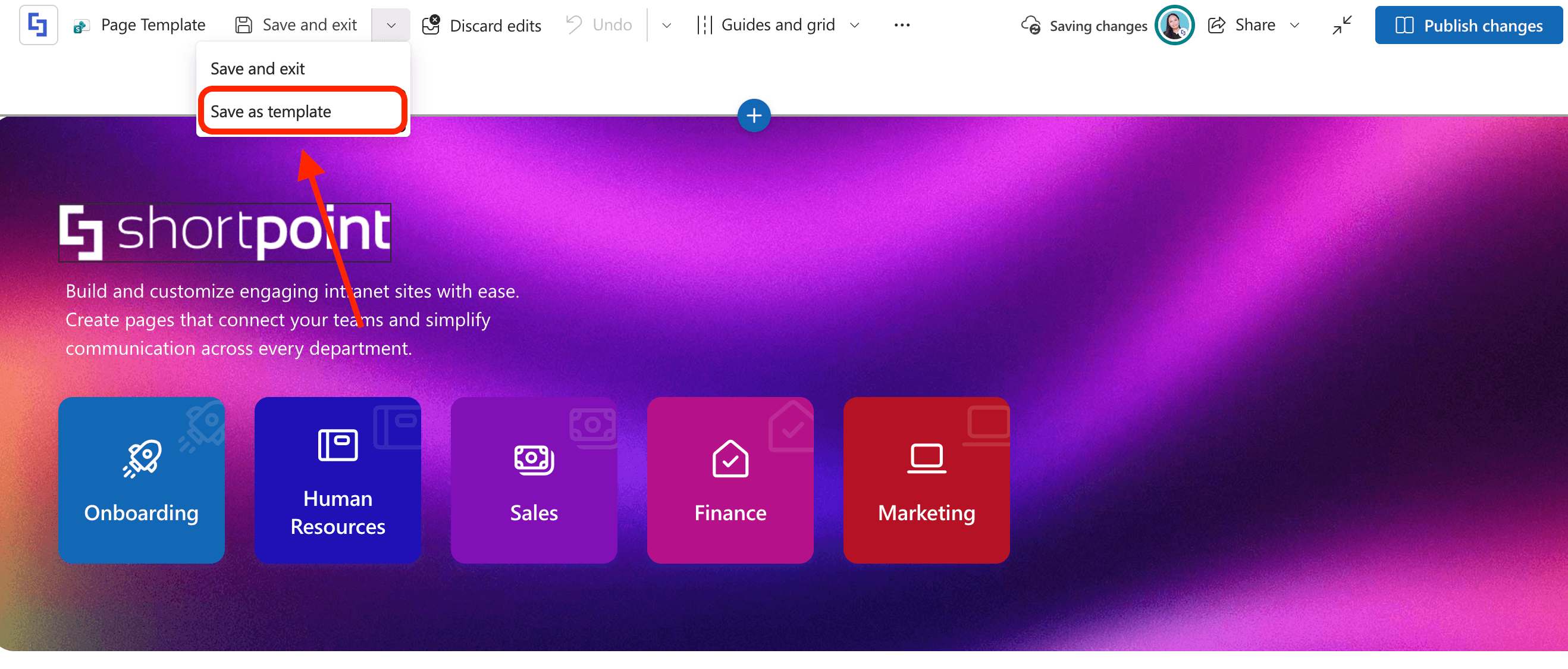 Save as template option highlighted in the top toolbar dropdown menu
