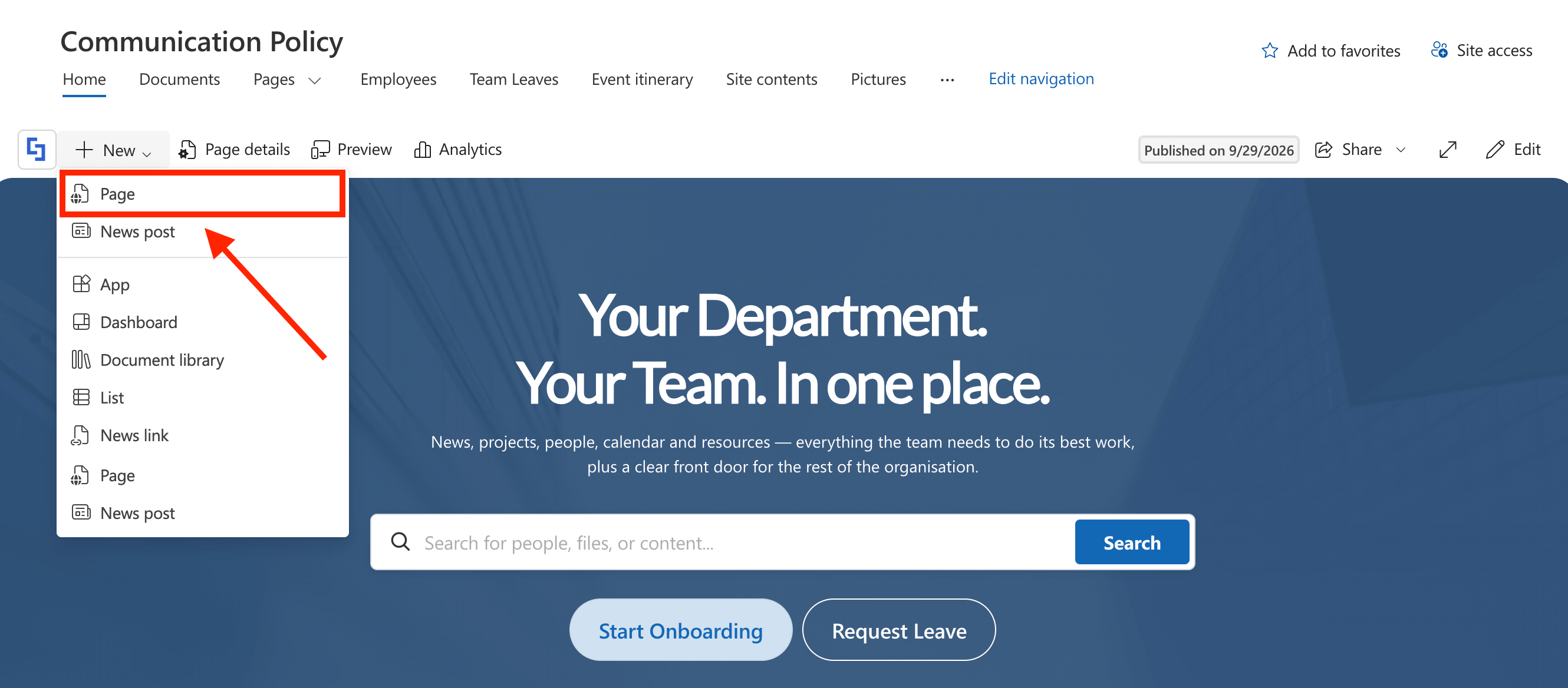Selecting Page from the New dropdown menu in SharePoint