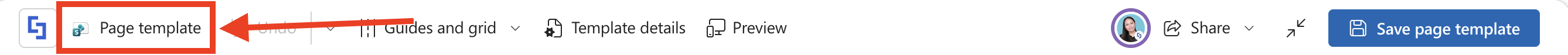 Page template button highlighted on the top command bar