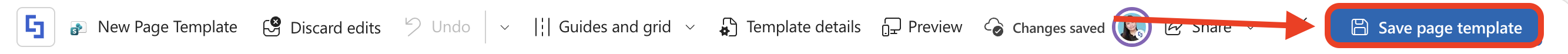 Clicking the Save page template button to finalize saving the custom template