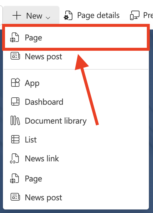 Selecting Page from the New menu dropdown to create a new page