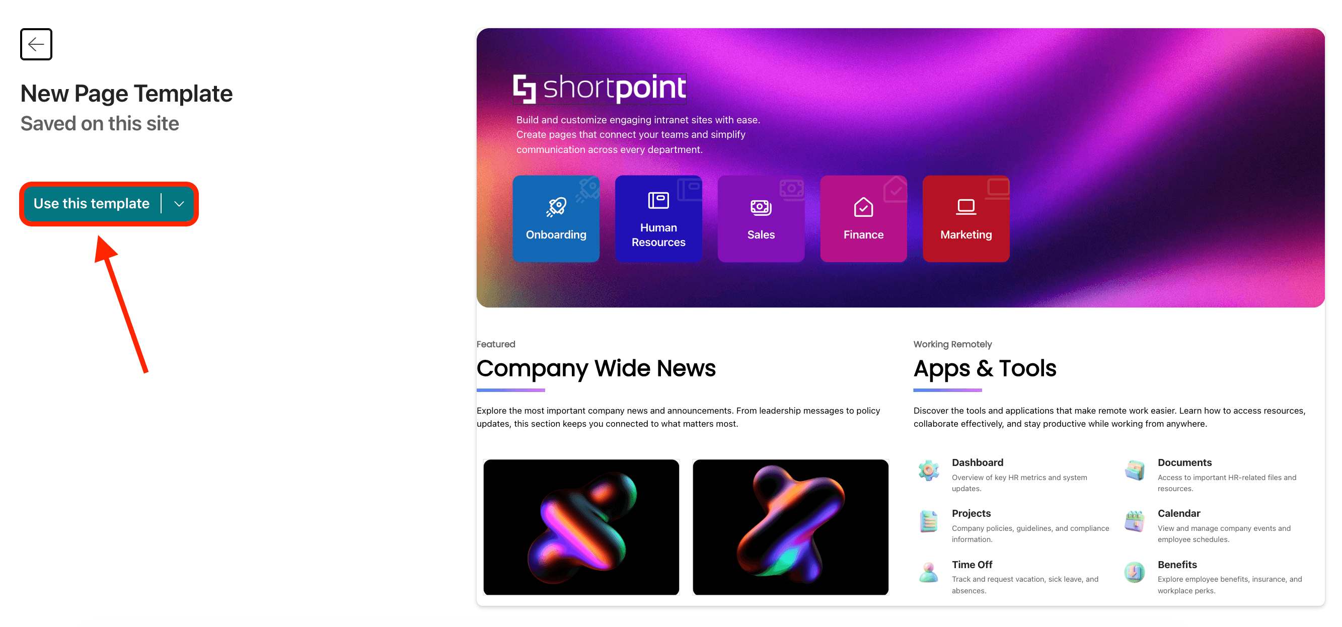 Previewing a custom ShortPoint template and clicking Use this template