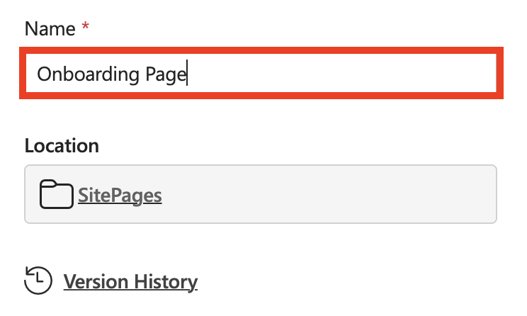 Entering the new page title in the Name input field