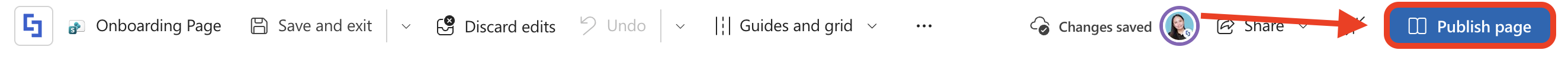 Clicking the Publish page button to publish the new page created from template