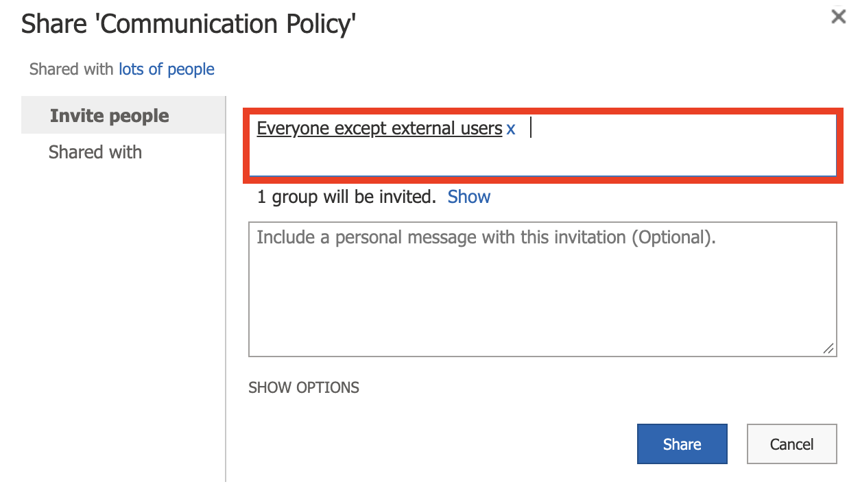 Screenshot 2026-10-12 at 11.25.35 AM.png Typing Everyone except external users into the invite people field within the SharePoint sharing window