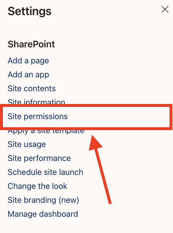 Screenshot 2026-10-12 at 11.17.54 AM.png Selecting Site permissions from the SharePoint settings gear menu to open access management options