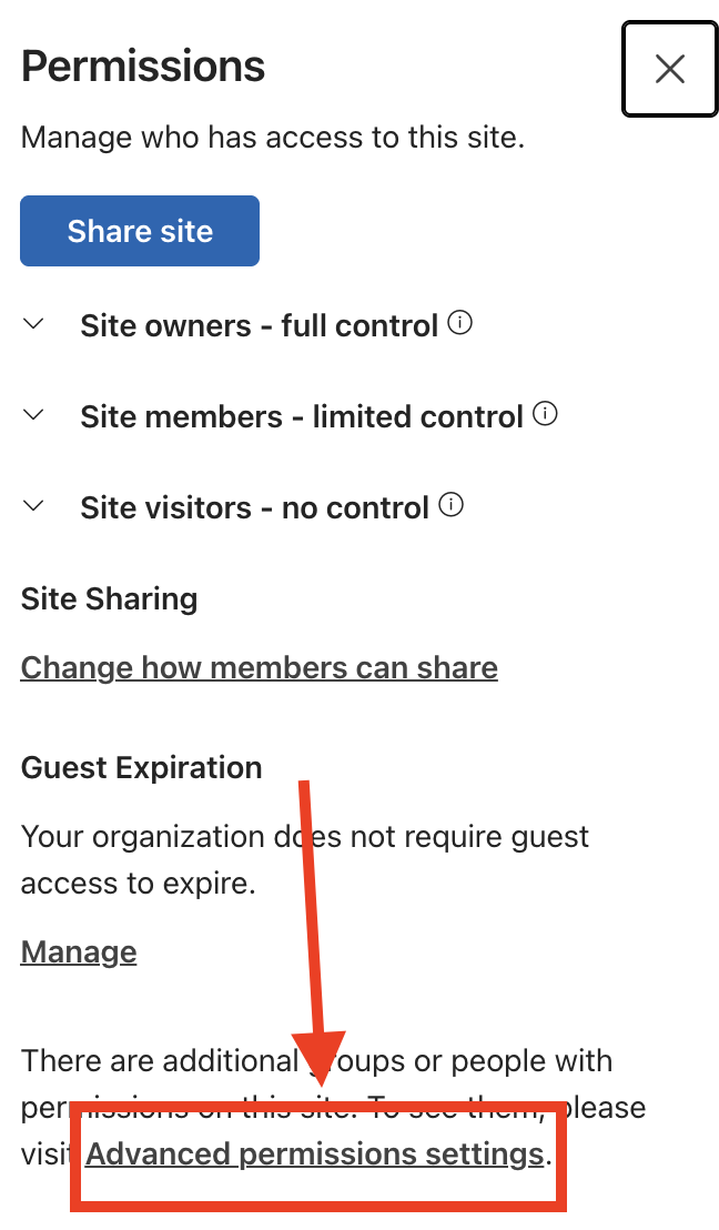 Screenshot 2026-10-12 at 11.18.29 AM.png Navigating to Advanced permissions settings from the SharePoint Site permissions panel