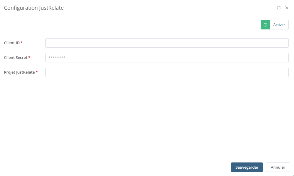 Entrez votre Client ID, votre Client Secret et le ProjetJustRelate.