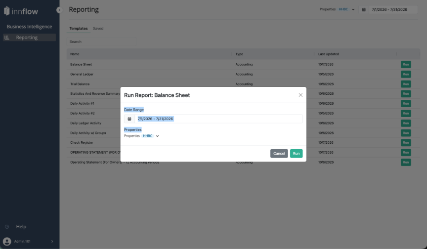 The Run Report window. Set the Date Range and Properties, then select Run.The Run Report window. Set the Date Range and Properties, then select Run.