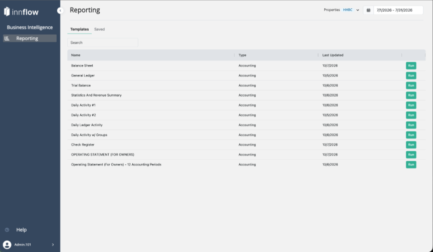 The Templates tab lists every report you have access to, with a Run button for each.The Templates tab lists every report you have access to, with a Run button for each.