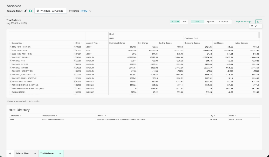 Balance Sheet and Trial Balance open as tabs in the same Workspace.Balance Sheet and Trial Balance open as tabs in the same Workspace.
