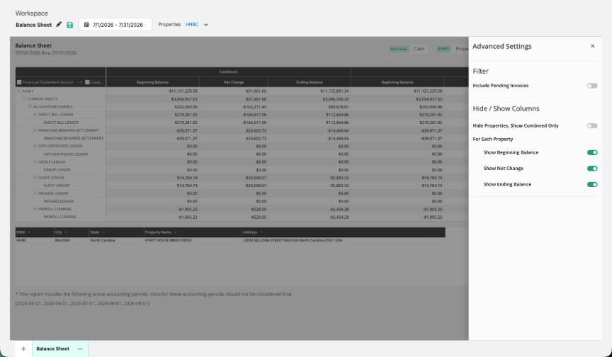 The Advanced Settings panel, opened from Report Settings.The Advanced Settings panel, opened from Report Settings.