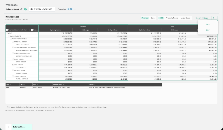 The download menu, with Excel and PDF.The download menu, with Excel and PDF.