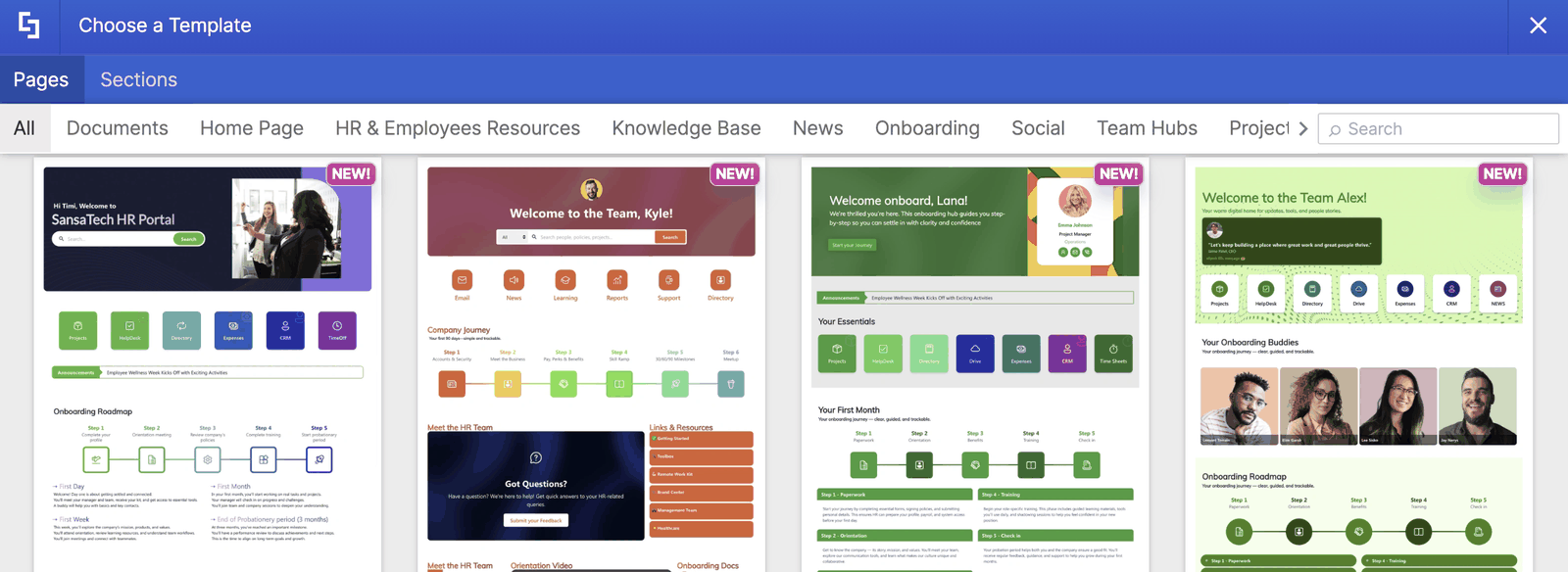 Screenshot 2026-10-19 at 2.12.11 PM.png Browsing page templates for homepages and onboarding hubs in the Templates Library