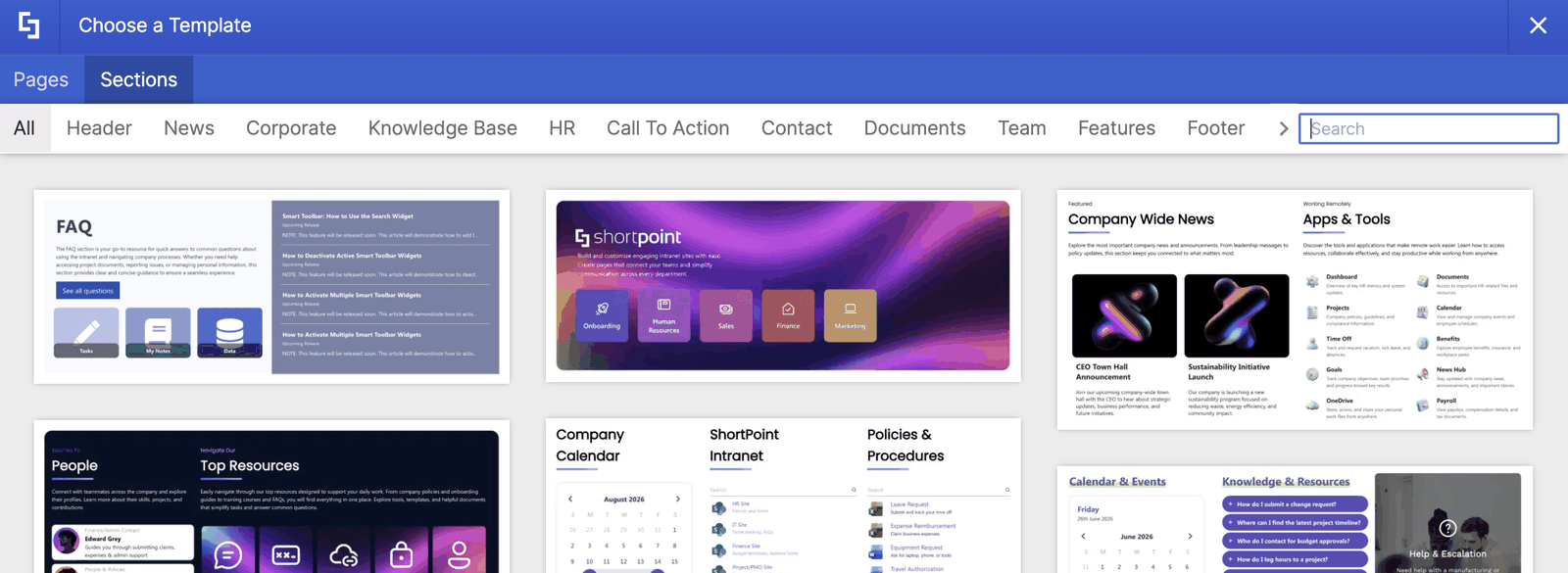 Screenshot 2026-10-19 at 2.12.22 PM.png Selecting section templates such as FAQs, news, and contacts to add to an existing page