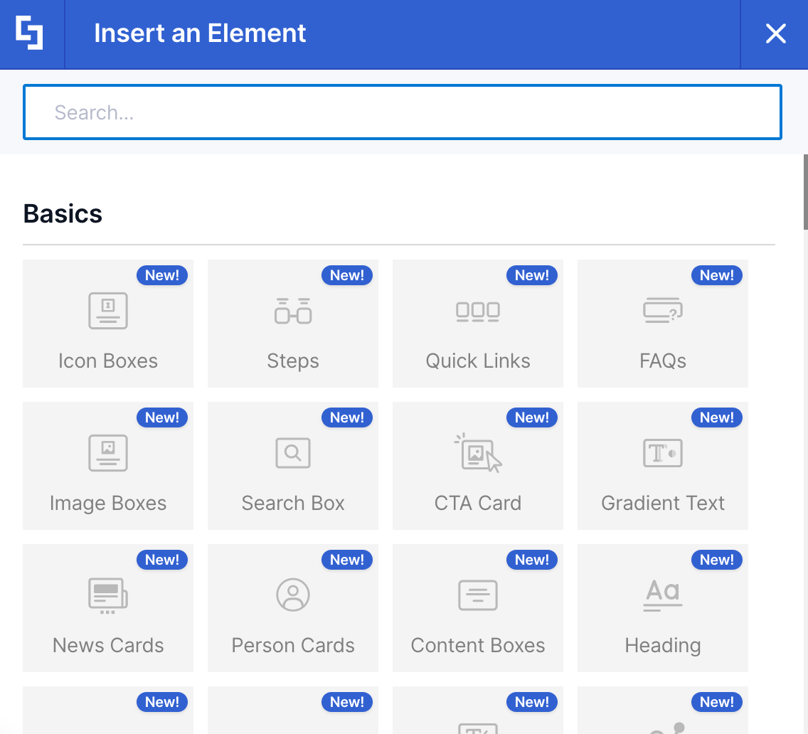Insert an Element window listing Basics Design Elements such as Icon Boxes, Steps, and FAQs