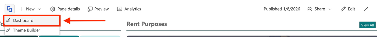 Selecting Dashboard from the shortcut menu to open the dashboard from a SharePoint page