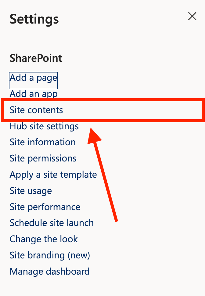 Choosing Site contents in the SharePoint Settings panel to find the dashboard library