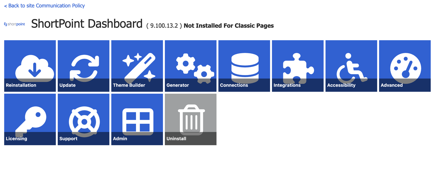 ShortPoint Dashboard home showing feature tiles from Reinstallation to Uninstall