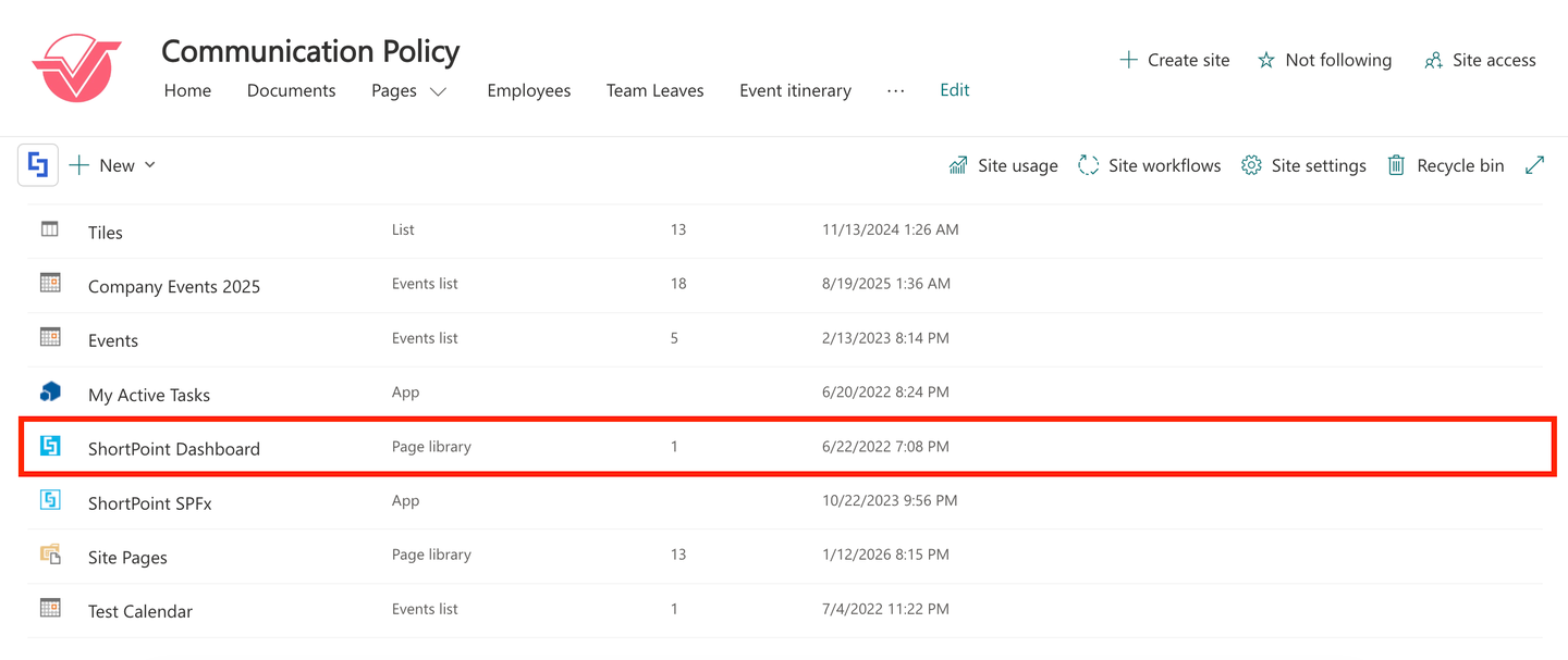 ShortPoint Dashboard page library selected in Site contents to access the dashboard