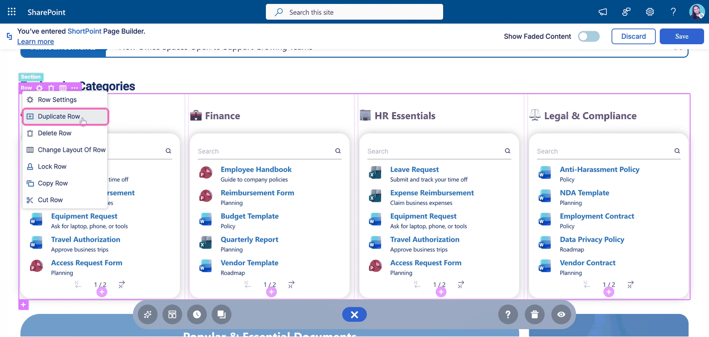 Duplicate Row option in the EasyPass menu for duplicating a Design Element