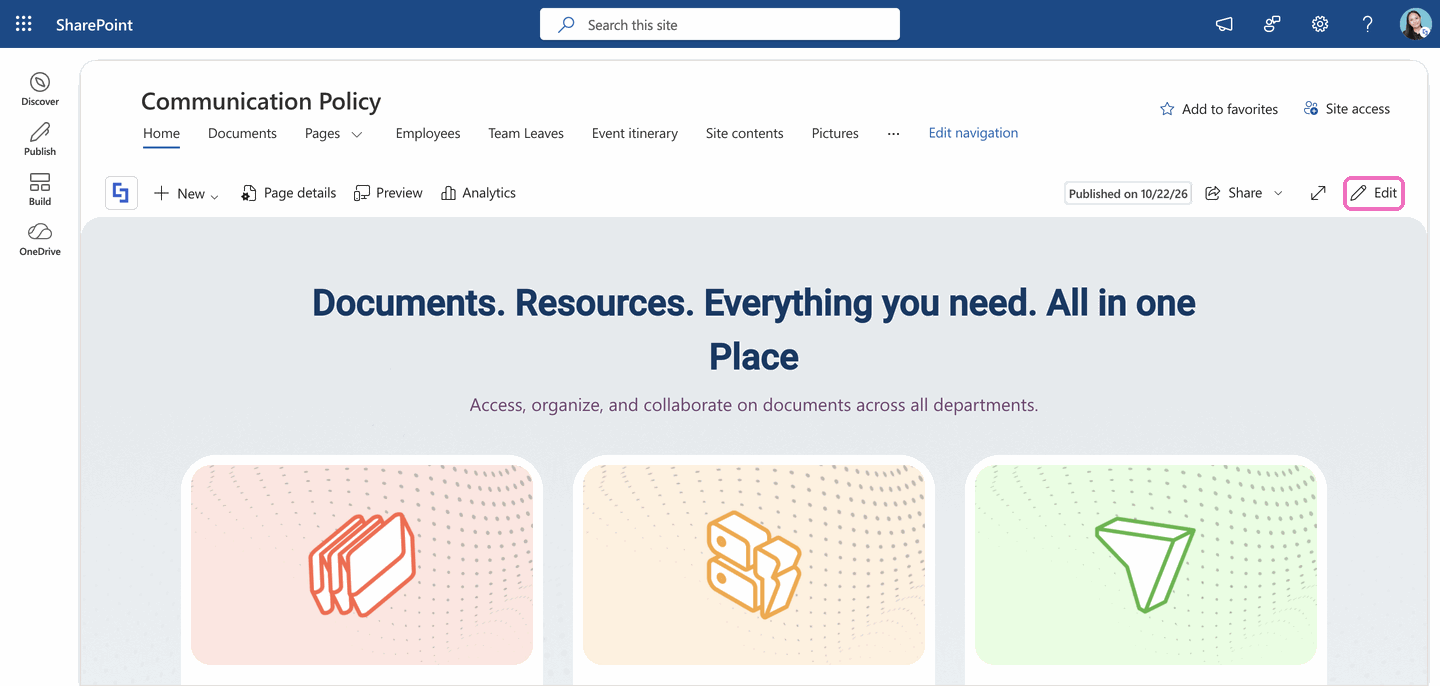 Clicking Edit on a SharePoint page before you duplicate Design Elements