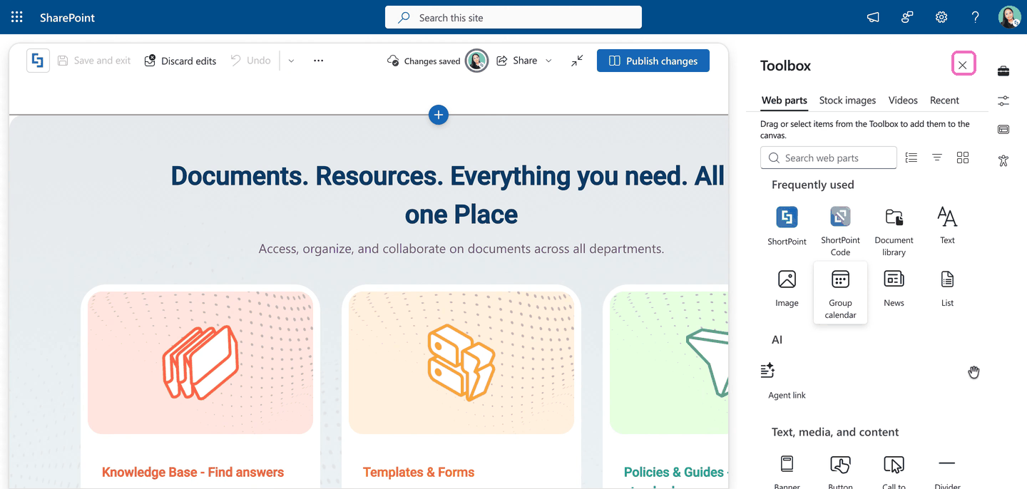 Closing the SharePoint Toolbox with the X icon to free up the page canvas