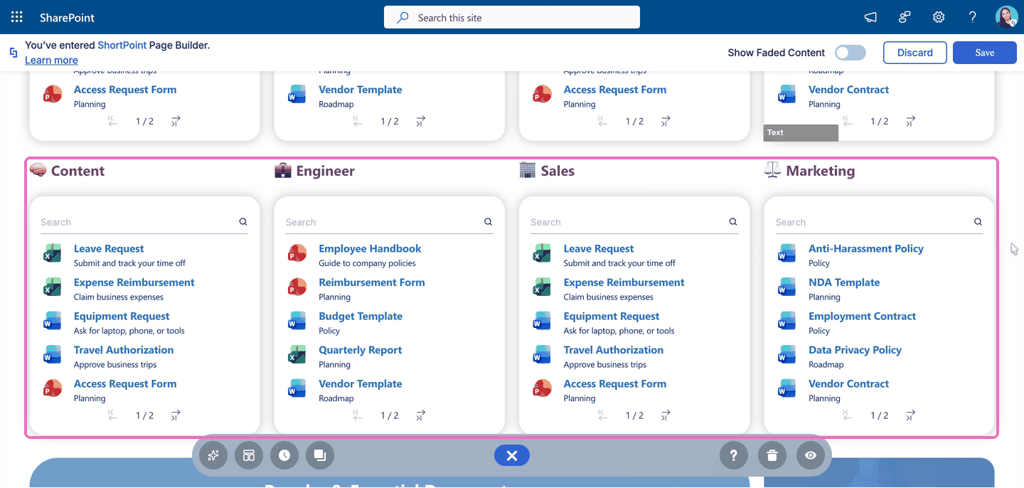 Editing the duplicated Row by renaming its headings to Content, Engineer, Sales, and Marketing