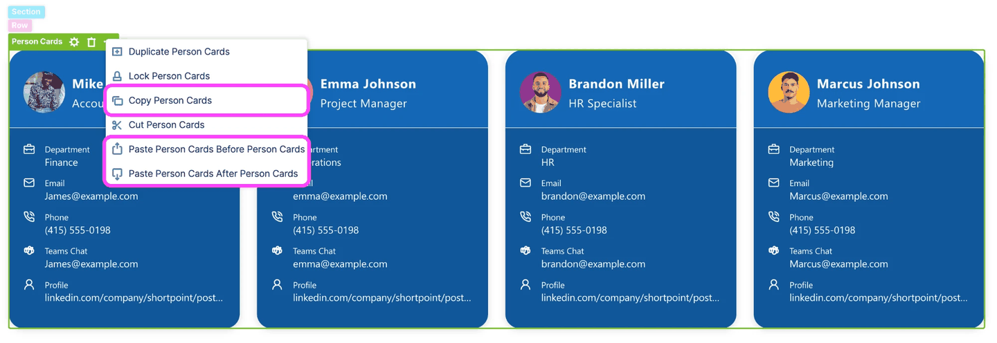 Copy option and Paste Before and After options highlighted in the Design Element menu