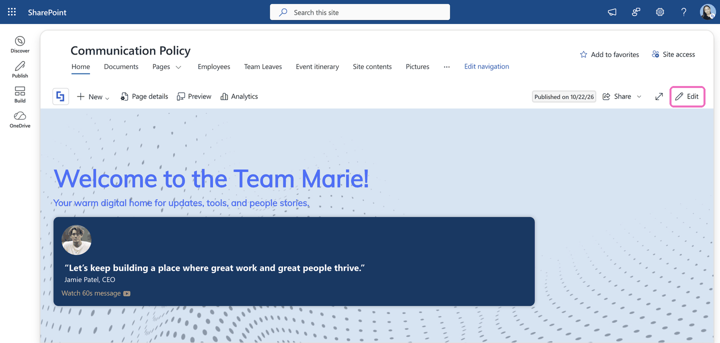 Clicking Edit on a SharePoint page before you copy and paste Design Elements