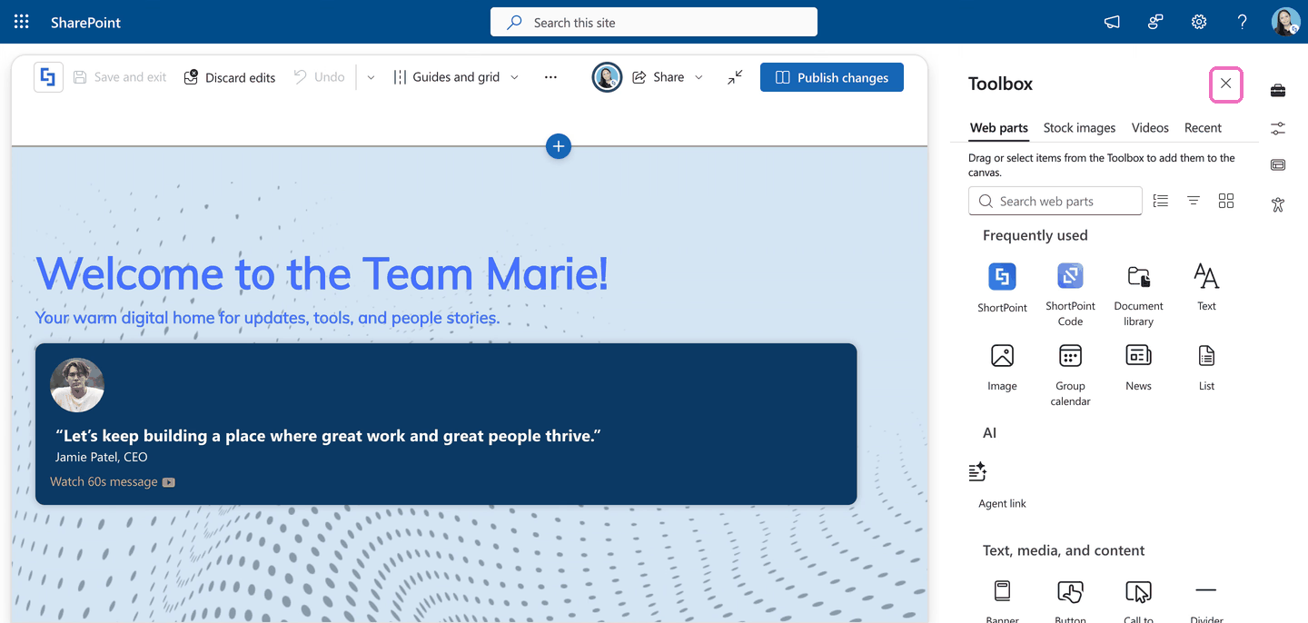 Closing the SharePoint Toolbox with the X icon to see the full page canvas