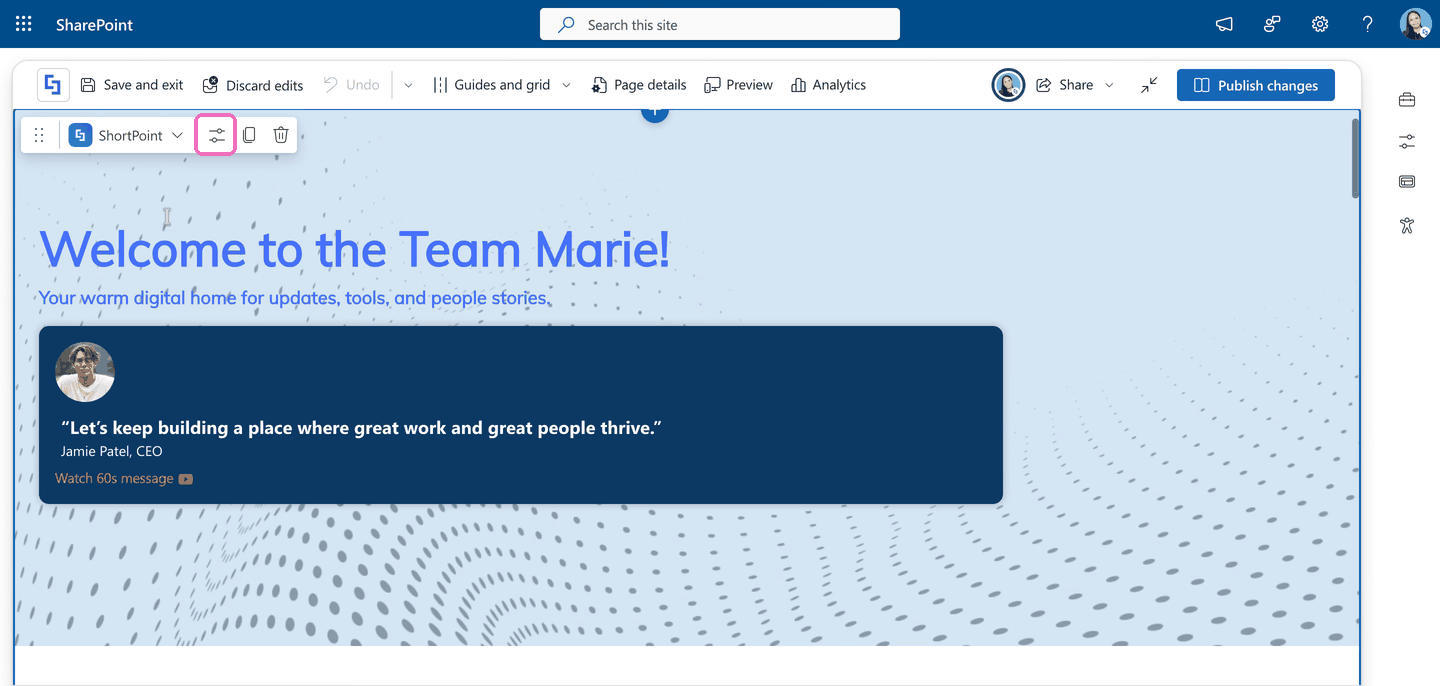 Edit web part icon on the ShortPoint toolbar that opens Page Builder