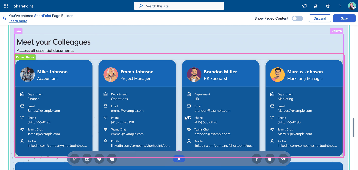 Person Cards pasted under the Meet your Colleagues text in ShortPoint Page Builder