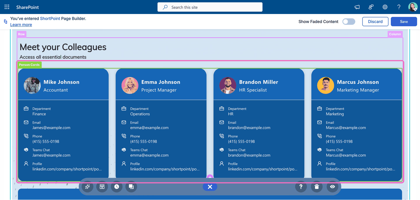 Copied Person Cards element pasted after the Text using the right-click context menu