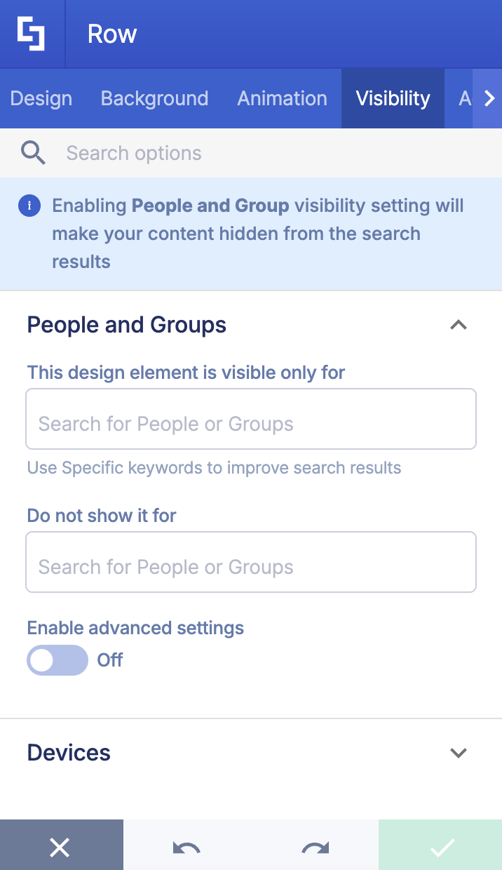Visibility settings tab for managing user and device access permissions in ShortPoint