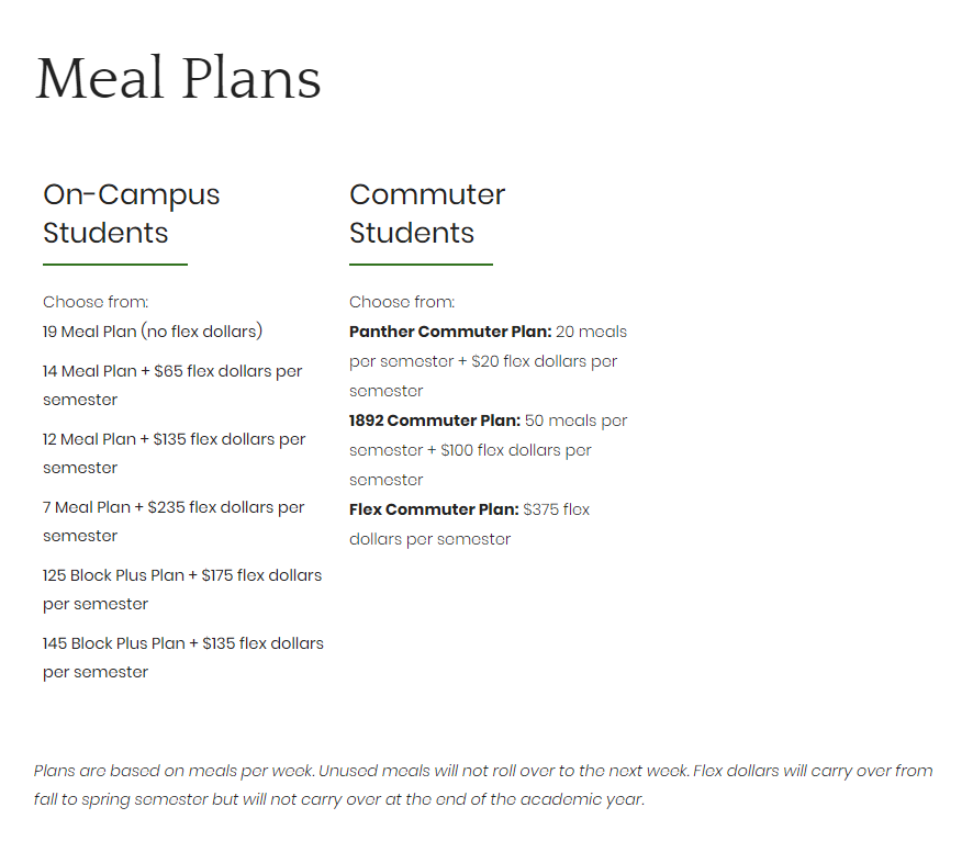 Information on Meal Plans Campus Services