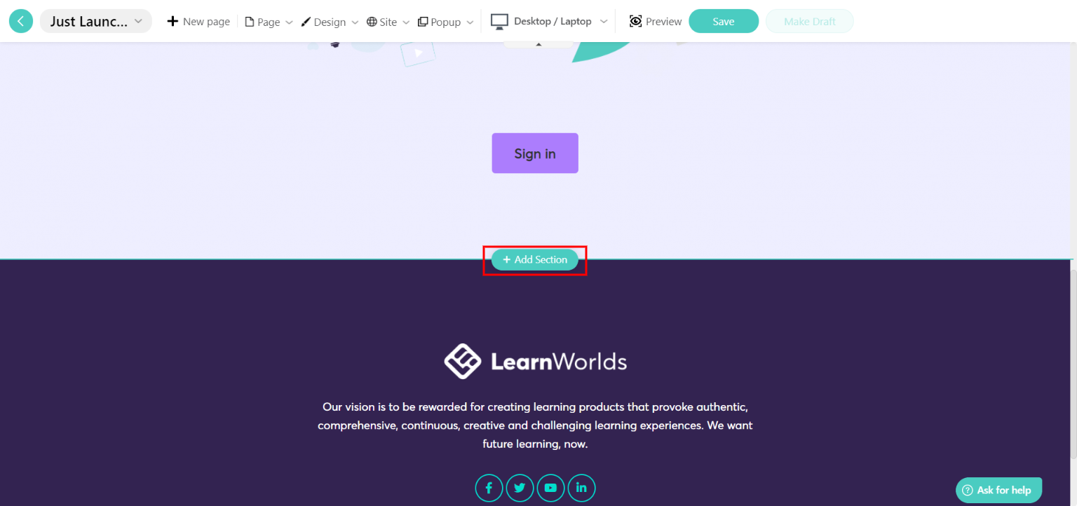 How to Add, Delete and Move Sections in your Pages : LearnWorlds Help Center