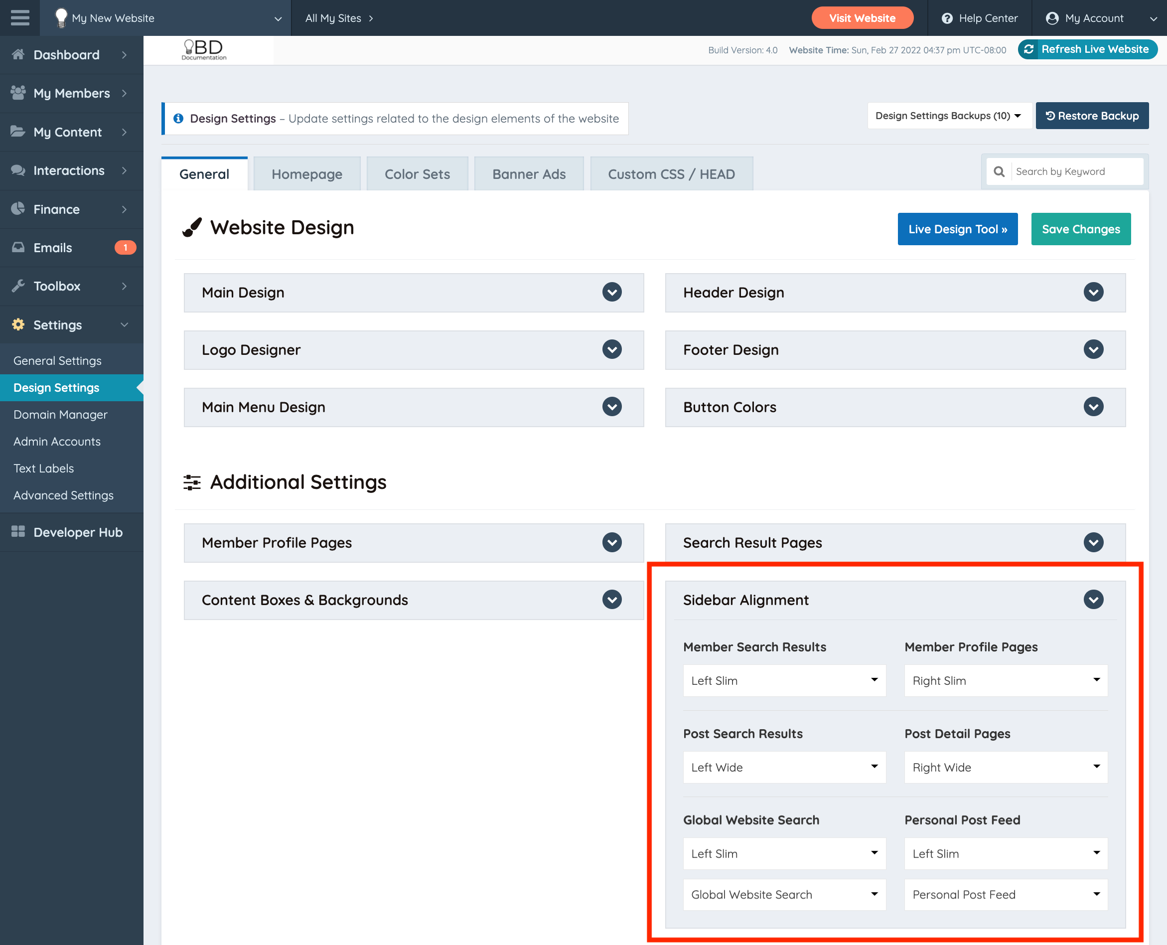 Brilliant Directories Design Settings » Sidebar Alignment Options