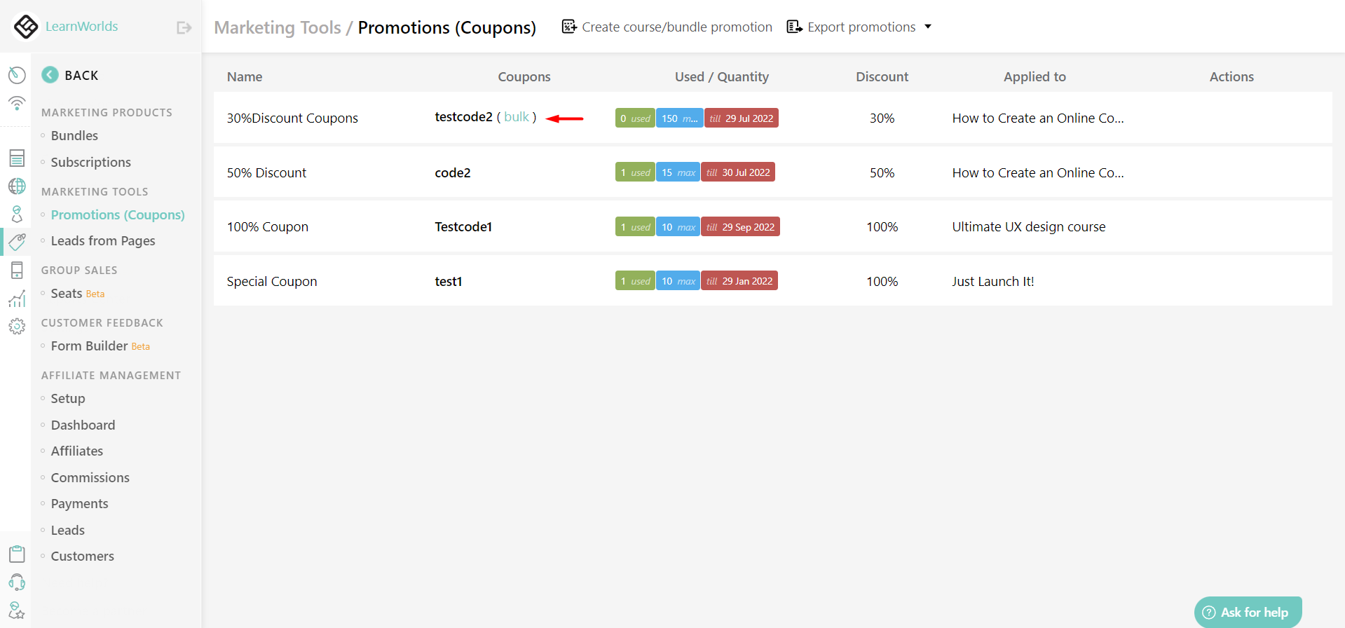How to Create Bulk Coupons LearnWorlds Help Center