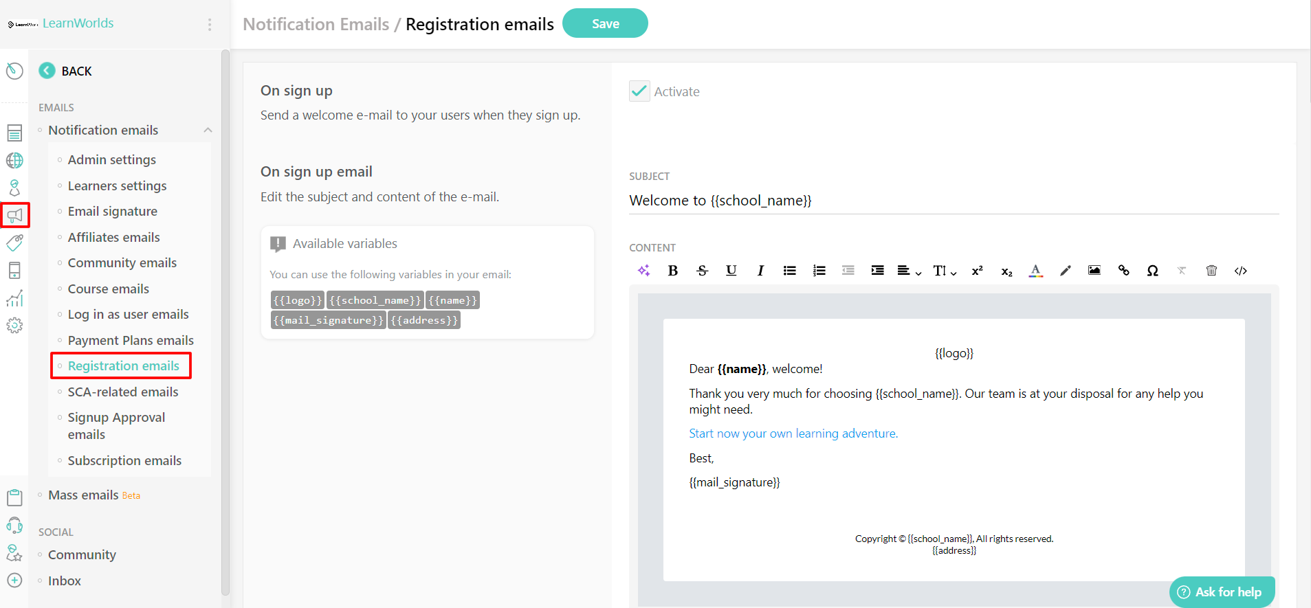 How to Edit your Registration Notification Emails : LearnWorlds Help Center