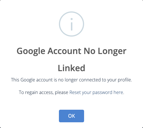 Google account not linked message with password recovery link