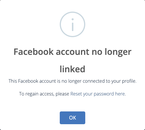 Facebook account not linked message with password recovery link