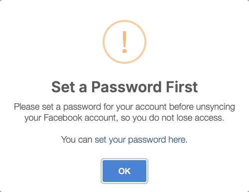 Facebook message requiring a password before unsyncing
