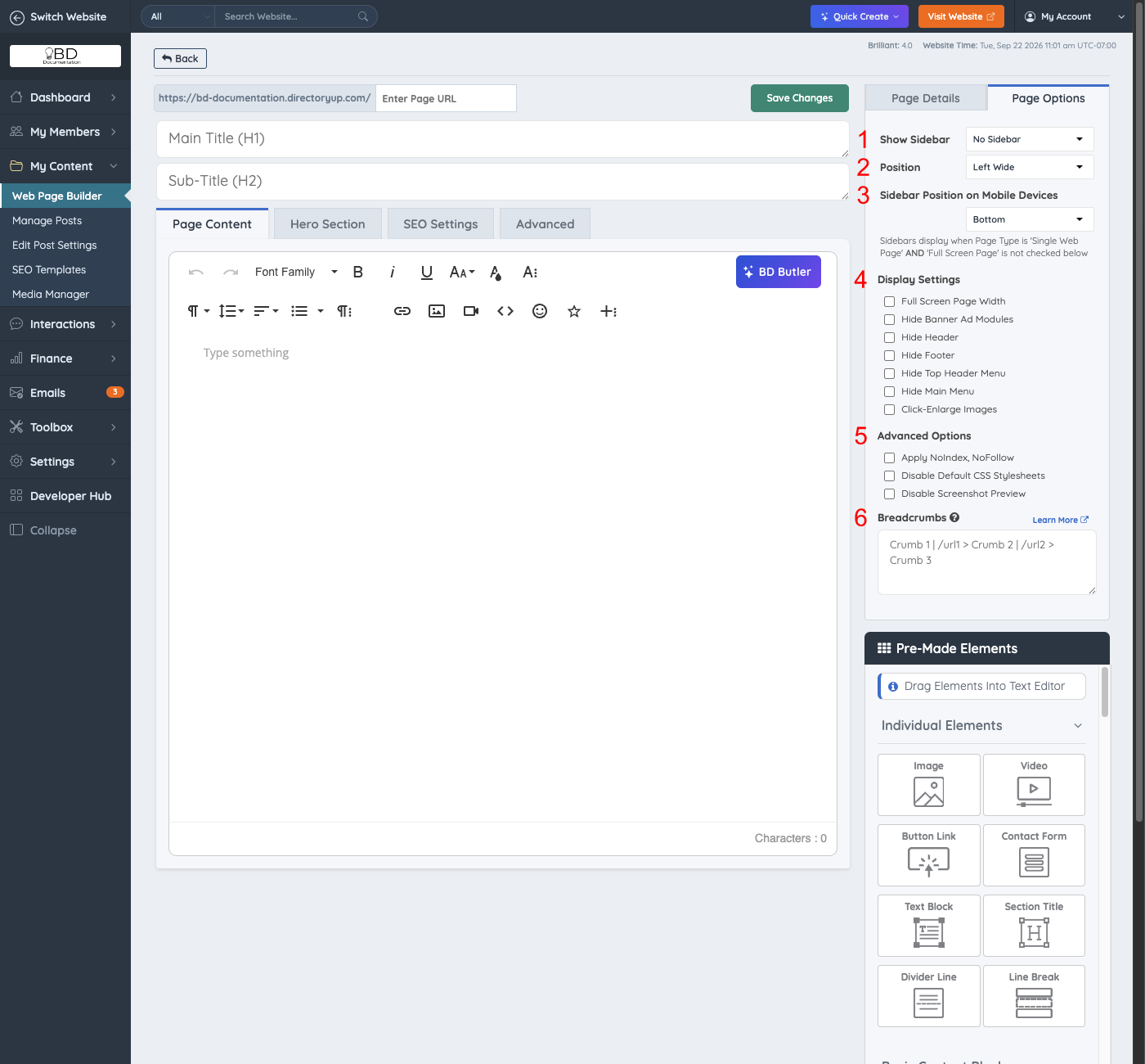 Page Options tab with settings numbered 1 to 6