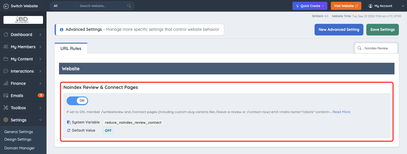 Noindex Review and Connect Pages set to ON on the URL Rules tab of Advanced Settings