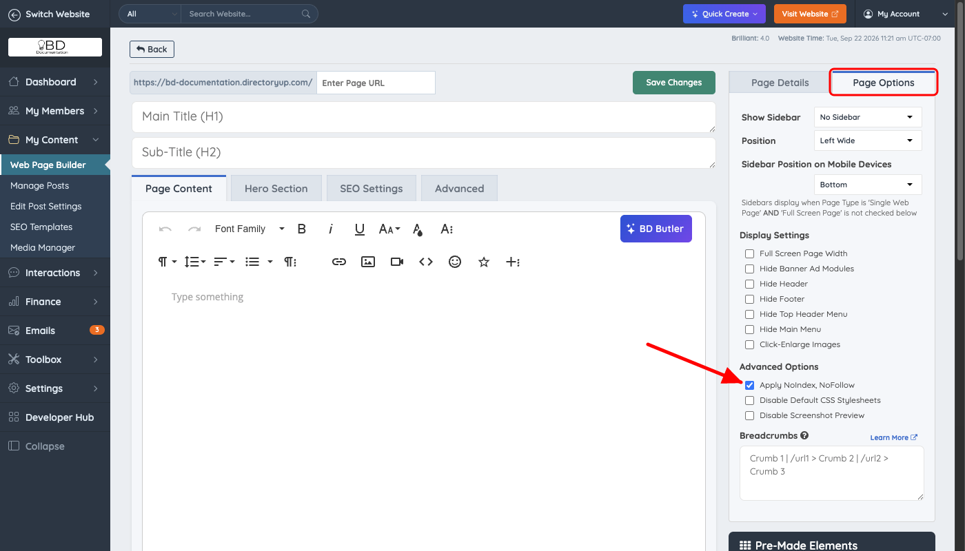Apply NoIndex, NoFollow checked under Advanced Options on the Page Options tab