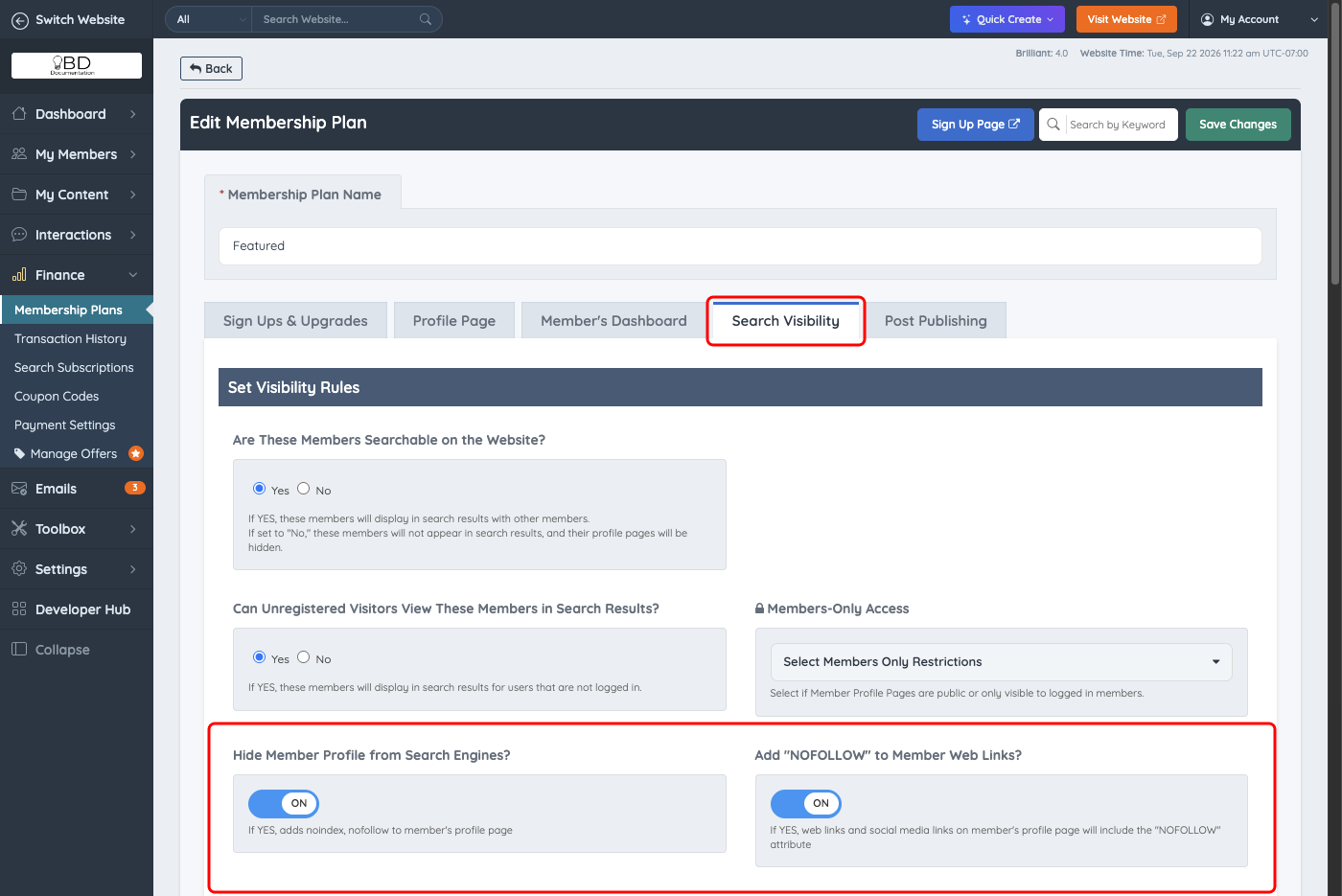 Hide Member Profile from Search Engines and Add NOFOLLOW to Member Web Links set to ON on the Search Visibility tab